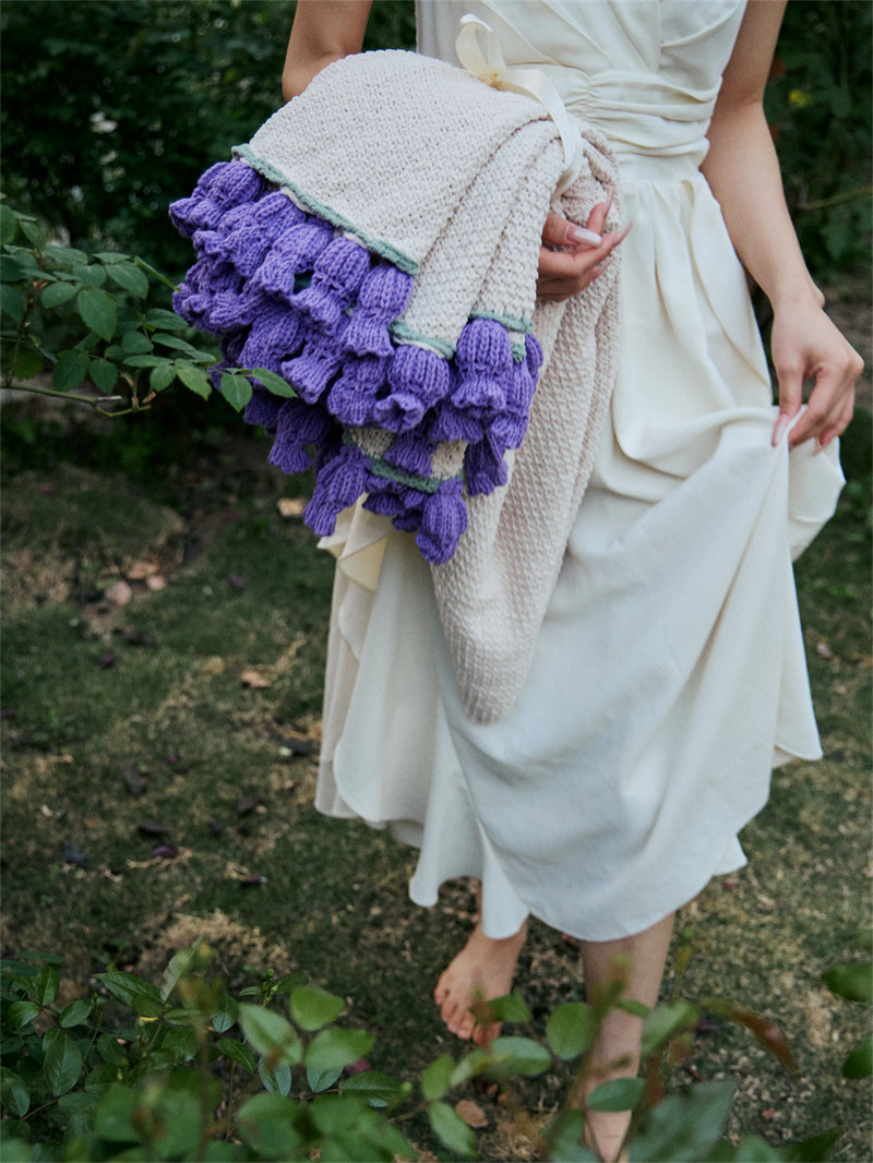 Purple Knitted Flower Blanket